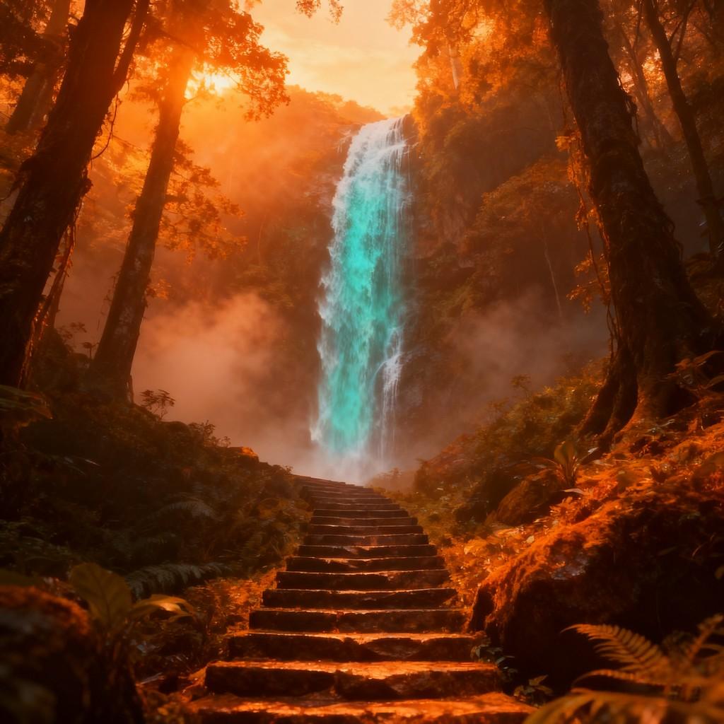 deep forest, mysterious waterfall, winding stone steps, dreamy light and shadow, serene ambiance