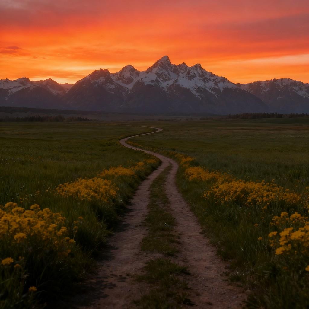 blue sky, white clouds, farmland, snow-capped mountains, narrow path