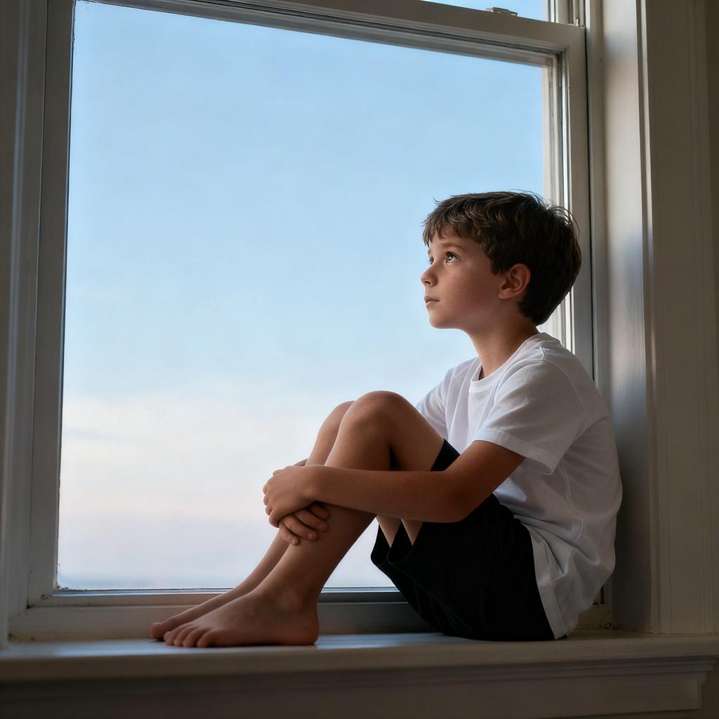 blonde boy, playful childhood moment, gazing into distance, frolicking on grass, urban cool kid, pen