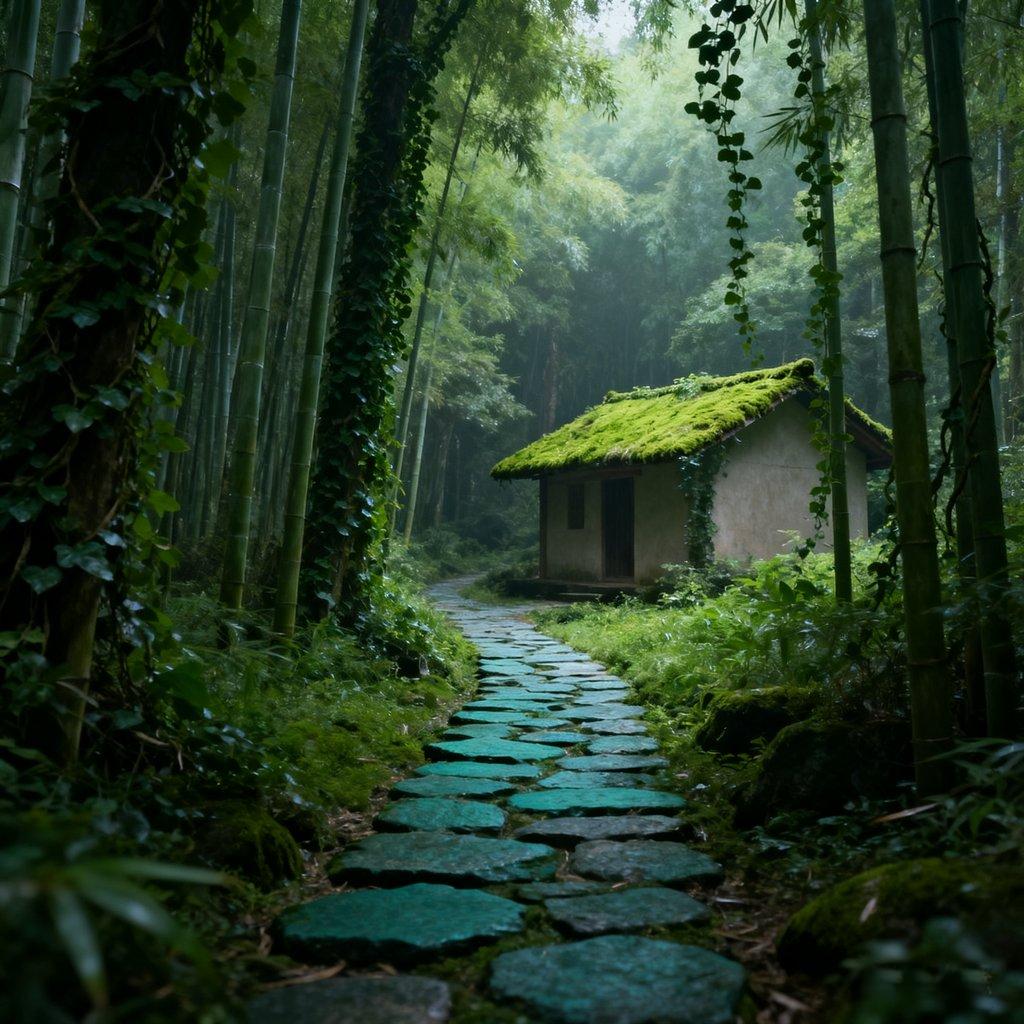 serene lake view, fresh after rain, tranquil forest, mysterious mist, natural zen