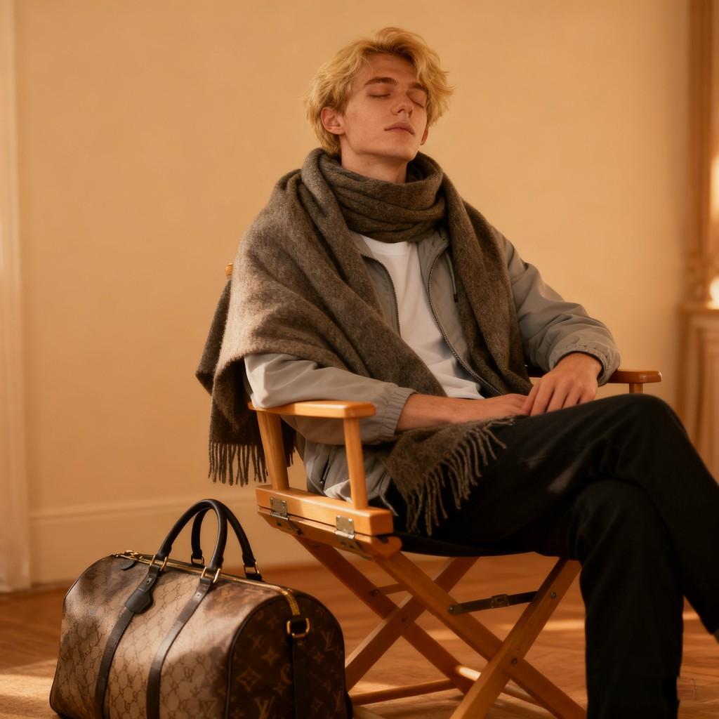 languid blonde, rooftop reflection, artistic with flowers, café routine, relaxed in director's