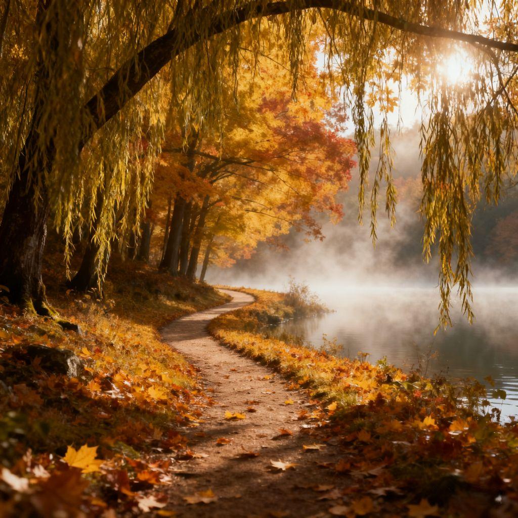 dreamy, autumn, maple forest, serenity, play of light and shadow
