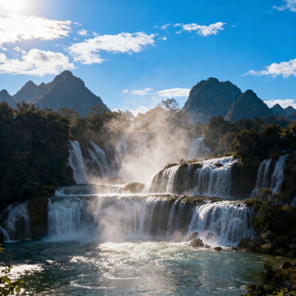 waterfall, stream, mountain range, light, forest