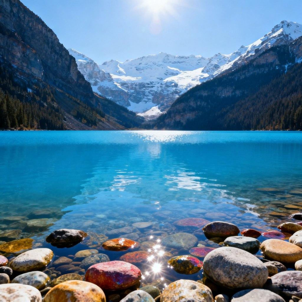 deep blue lake, snow-capped mountains reflected, crystal clear water, tranquil lake, natural scenery