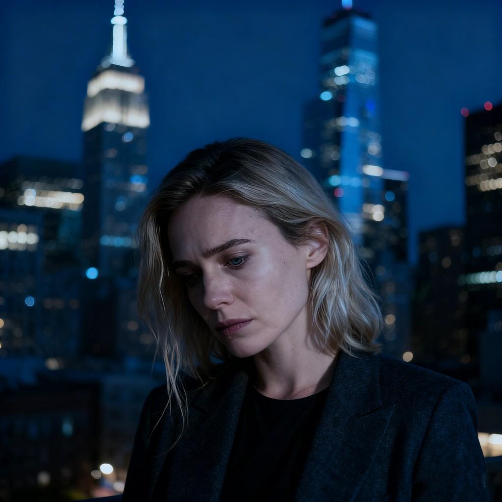 urban nightscape, melancholic profile, sunset silhouette, roses and neon, head tilted back, eyes clo