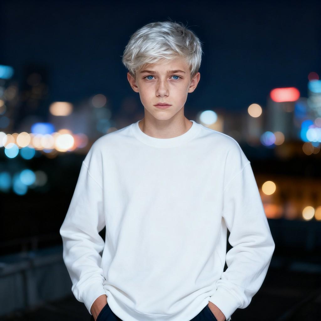 blonde blue eyes, silver-haired city, dark sweater, red-haired enigma, light blonde in contemplation