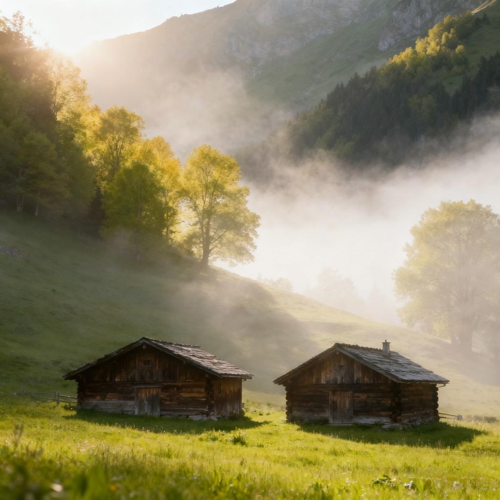 serenity, mountain valley, wooden cabin, sunlight, poetic charm