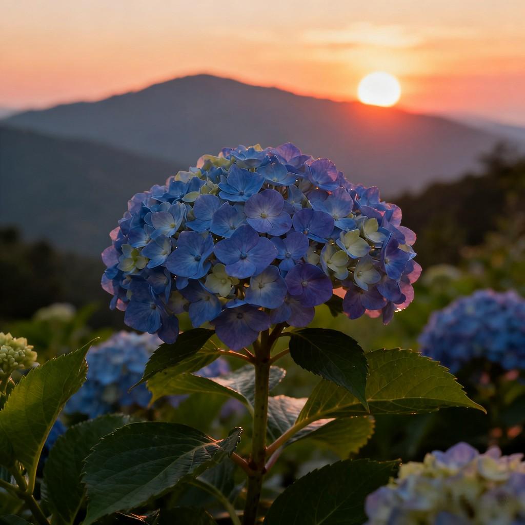 hydrangea, mountain range, blue sky, white clouds, serenity