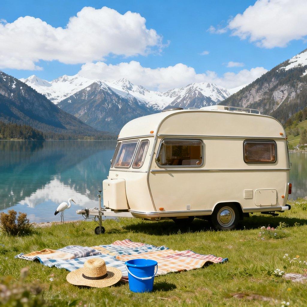 vintage camper van, lakeside meadow, snowy mountain backdrop, early morning camping, starry night
