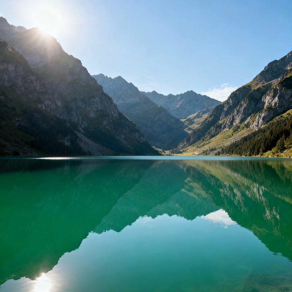 serenity, towering mountain, lake, clear blue sky, lush greenery