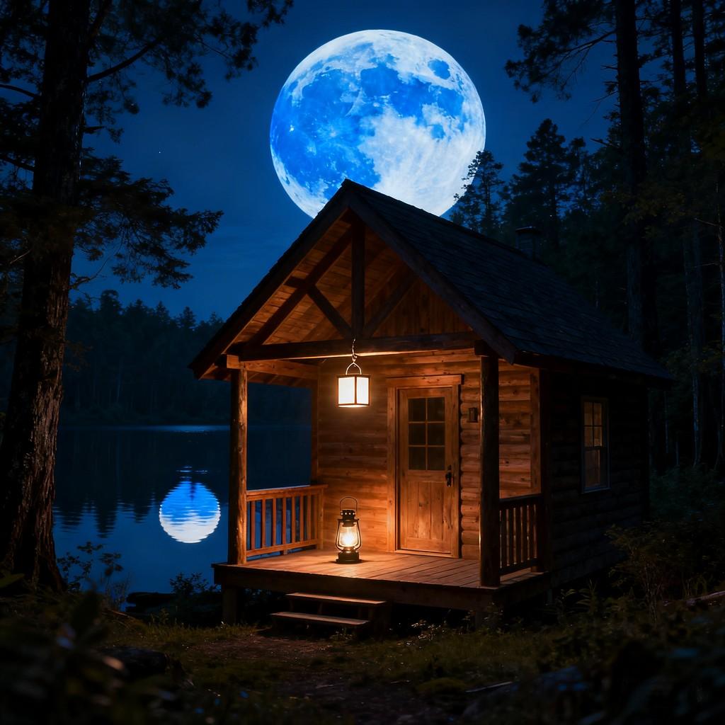 moonlit night, forest, camping, log cabin, kerosene lamp