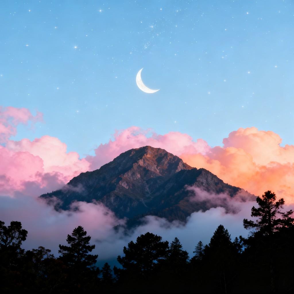dreamy night sky, tranquil night, crescent moon hanging high, scattered stars, pink and orange cloud