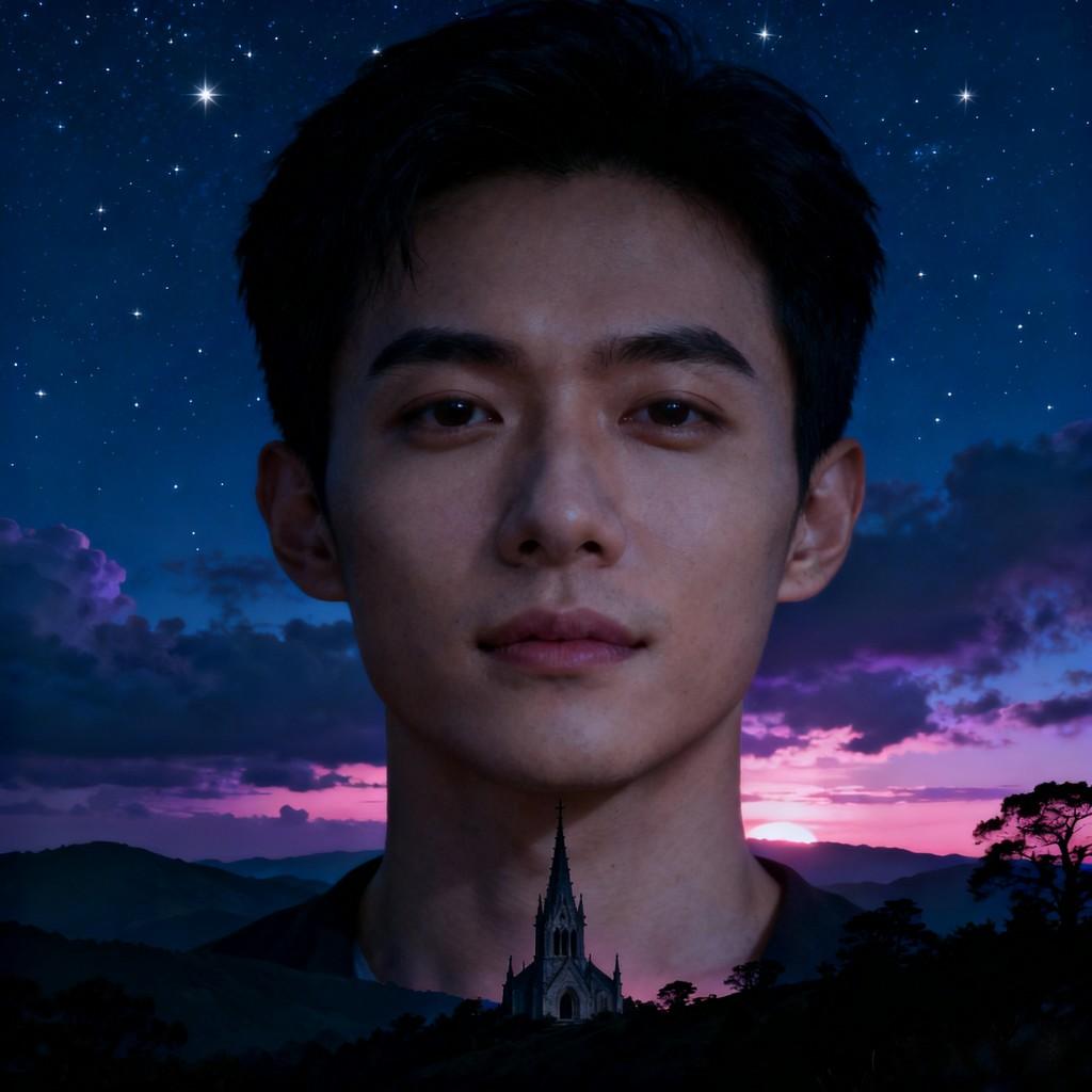 starlit sky, night view, spired tower, mountain range, dreamlike scene