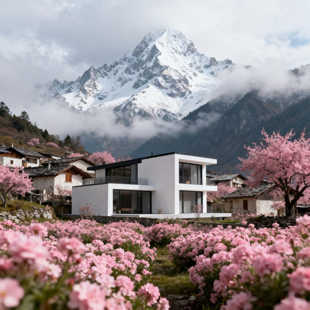 dreamy, mountain vista, sea of flowers, harmony, coexistence