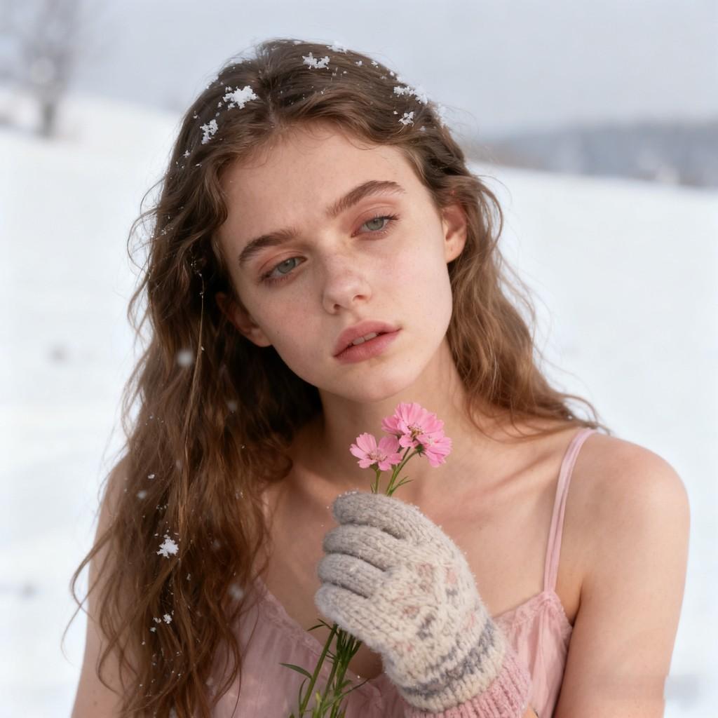 dreamy languor, elegant aloofness, mysterious in snow, melancholy against light, serene poetry