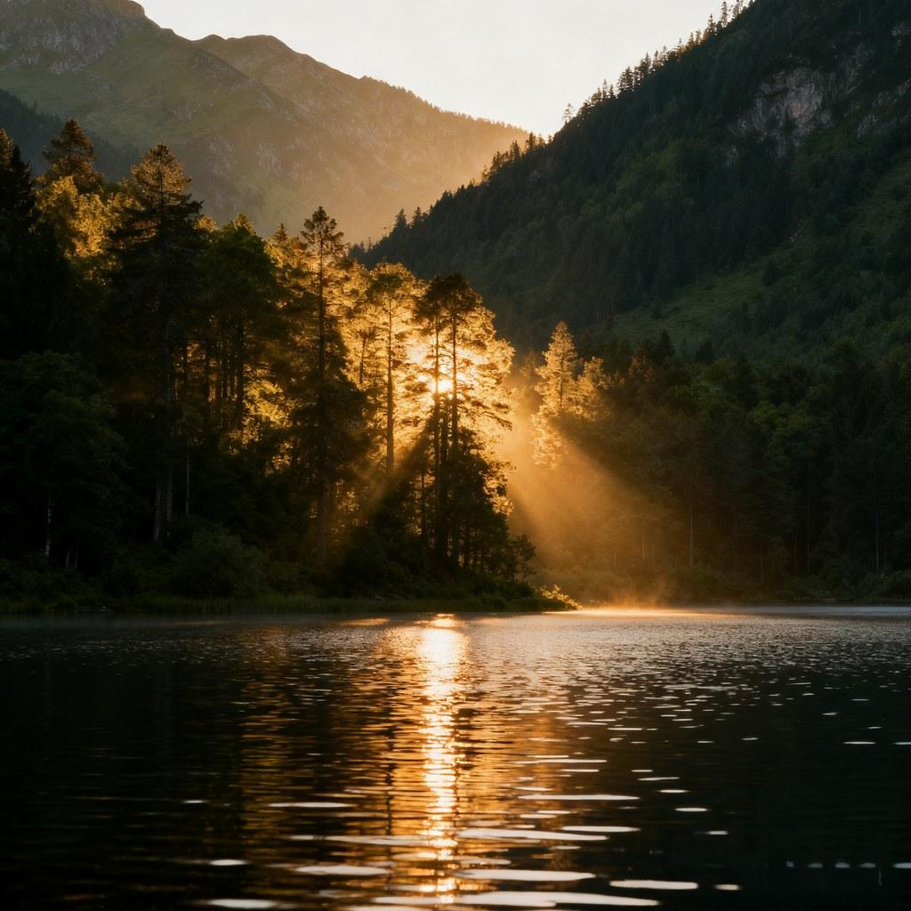 dreamlike, nature, play of light and shadow, lakeside, serene