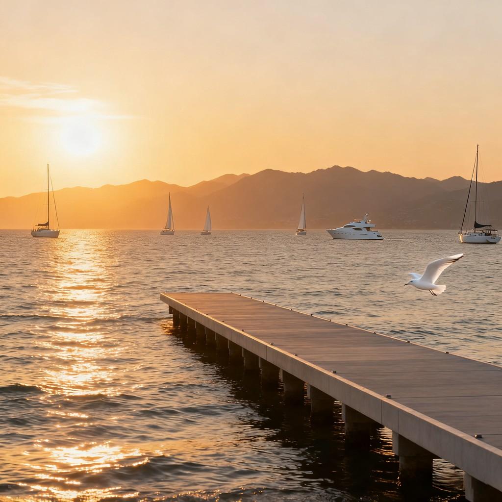 coastal sunrise, tranquil shore, dawn beauty, twilight beach, enchanting bay