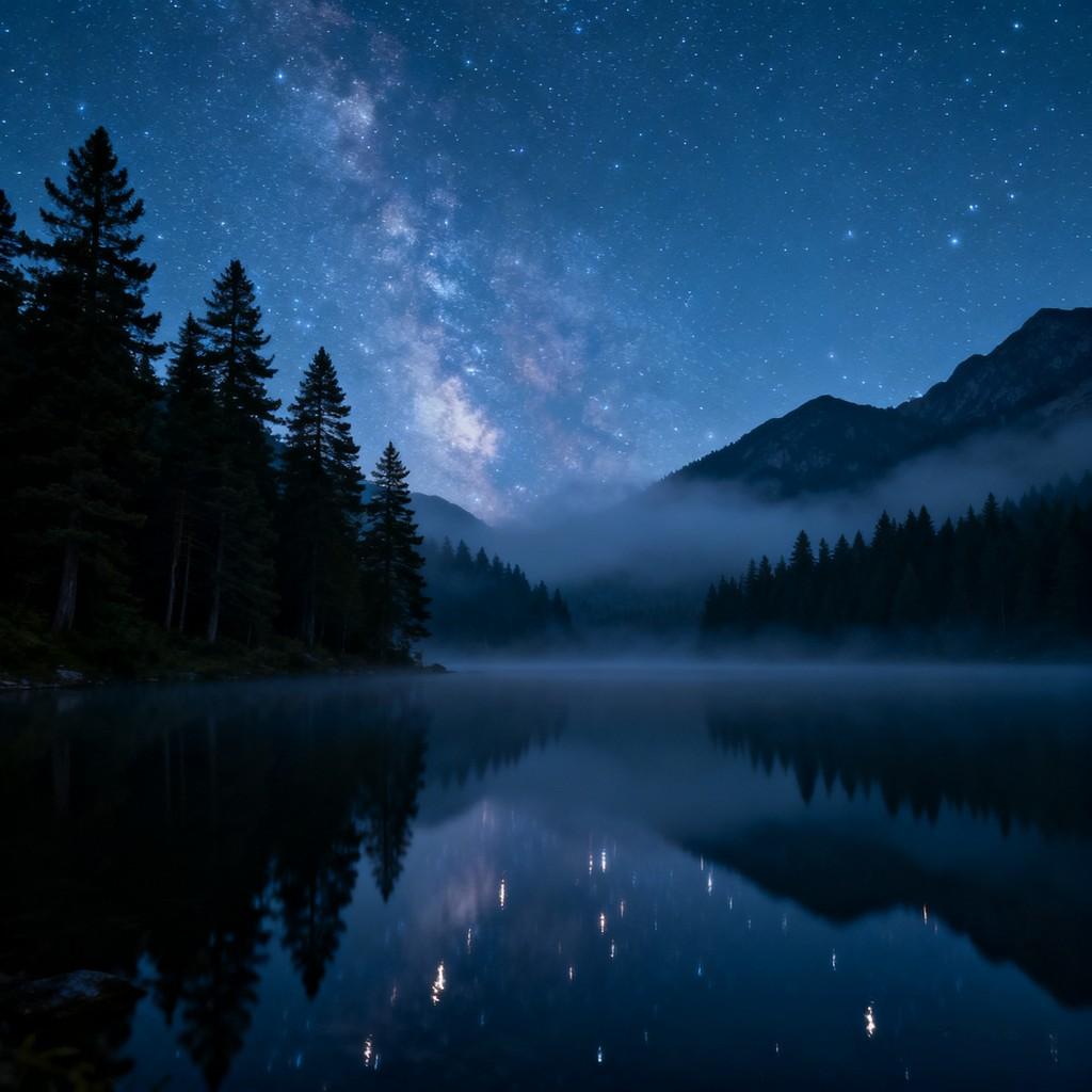 starlit sky, serene lake, dense forest, misty veil, rolling mountains