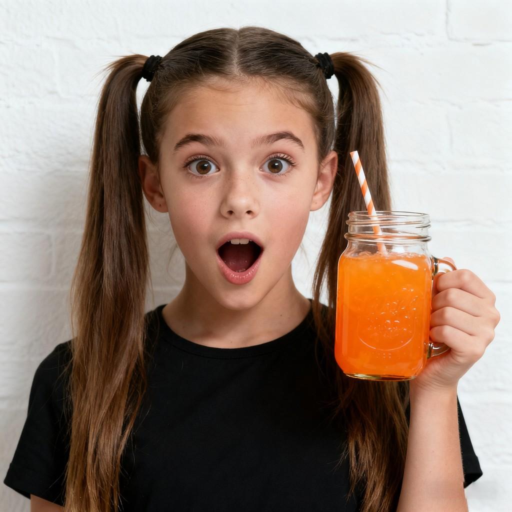blonde little girl, summer watermelon, V sign, moment of reflection, raising glass jar, rustic charm