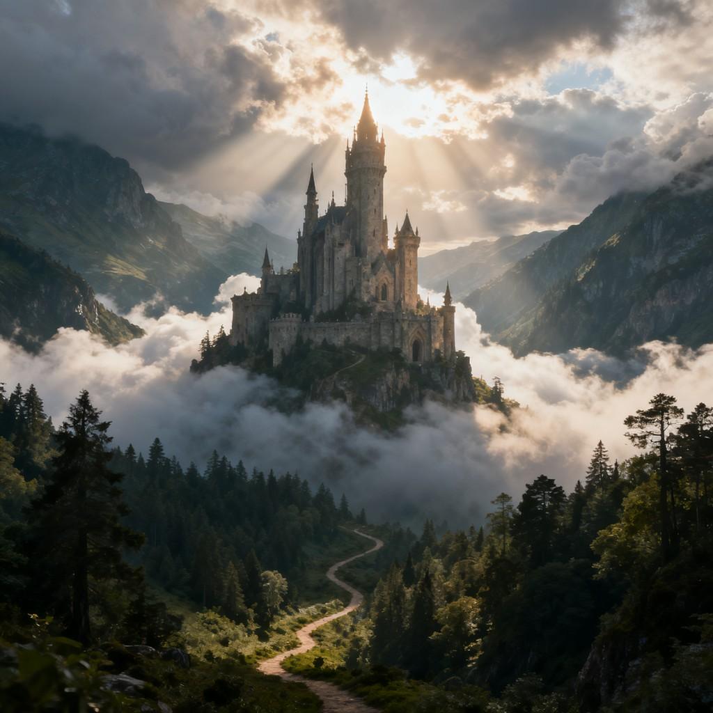 dreamlike landscape, ancient castle, mist-shrouded, serene valley, waterfall view