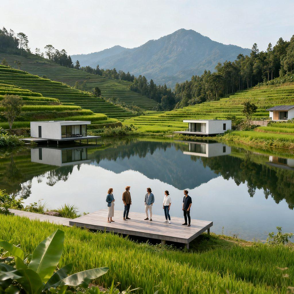 serene lake, terraced tea gardens, misty mountain peaks, scenic overlook, Western tourists