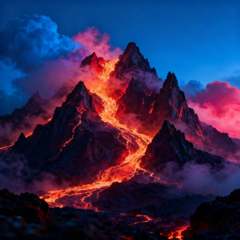 mysterious energy, volcanic range, glow of lava, dreamy hues, dynamic tension