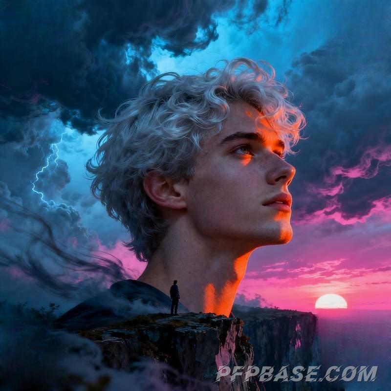Image 3: anime male head, silver-haired youth, observatory, city rooftop, glacier crevasse, dream realm