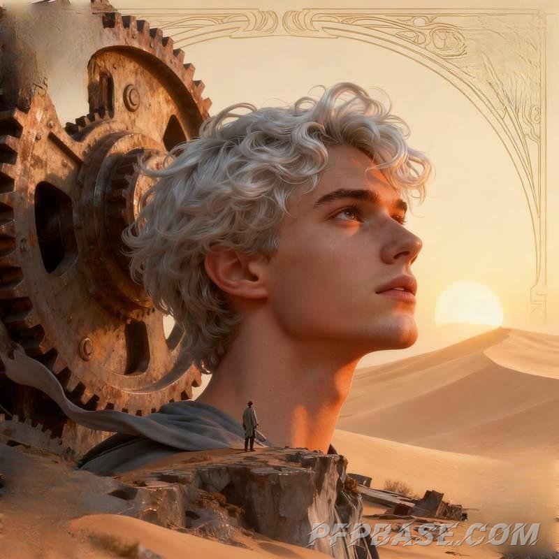 Image 5: anime male head, silver-haired youth, observatory, city rooftop, glacier crevasse, dream realm