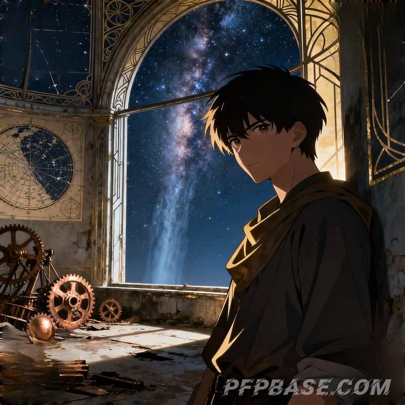 Image 1: handsome man, cliff at dusk, observatory under starry sky, misty forest, city in rain, glacier youth