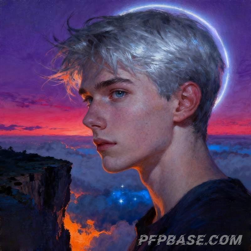Image 6: handsome man, cliff at dusk, observatory under starry sky, misty forest, city in rain, glacier youth