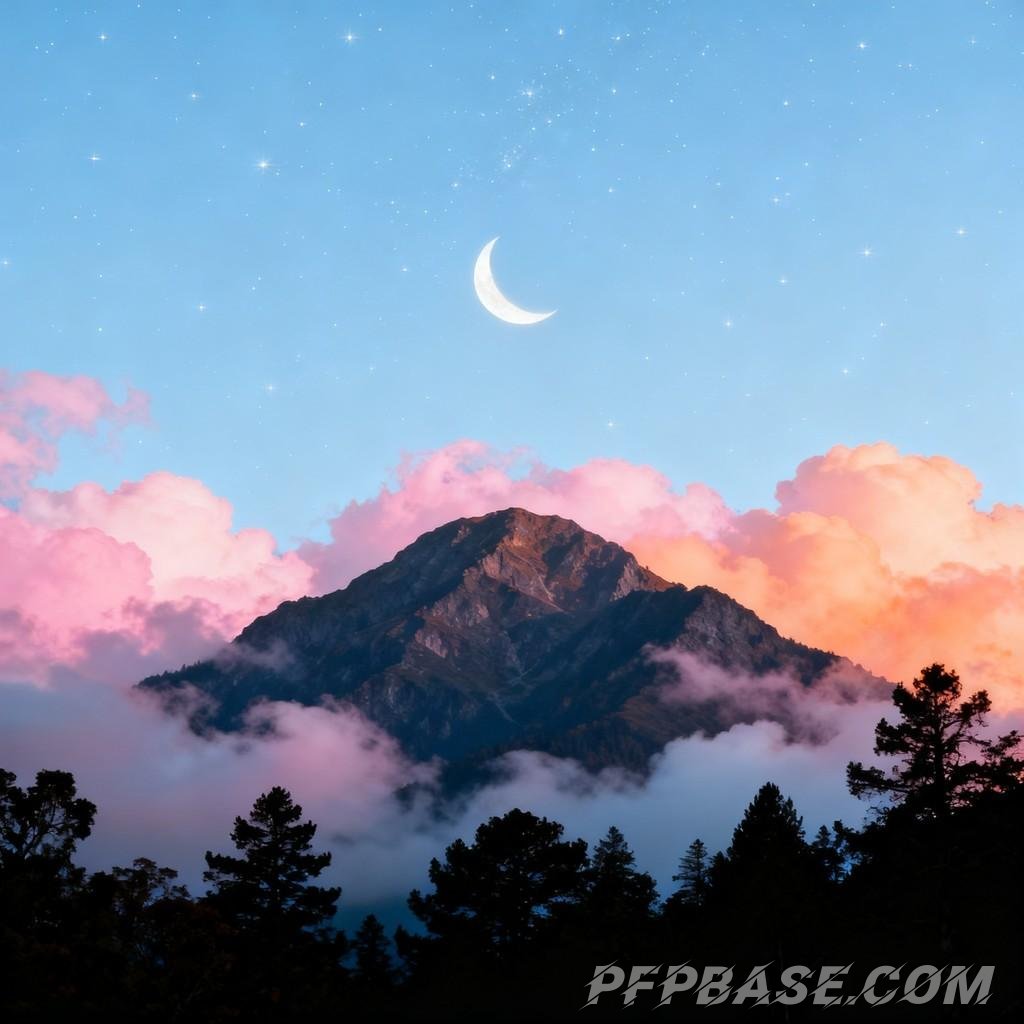 Image 1: dreamy night sky, tranquil night, crescent moon hanging high, scattered stars, pink and orange cloud