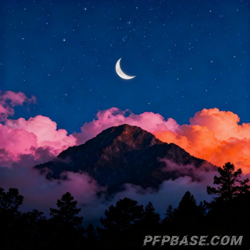 Image 4: dreamy night sky, tranquil night, crescent moon hanging high, scattered stars, pink and orange cloud