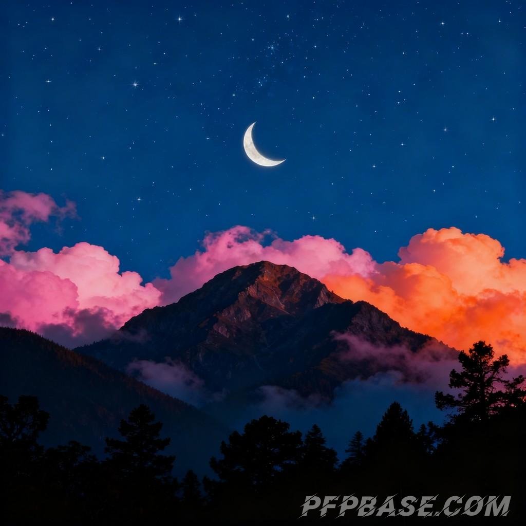 Image 5: dreamy night sky, tranquil night, crescent moon hanging high, scattered stars, pink and orange cloud