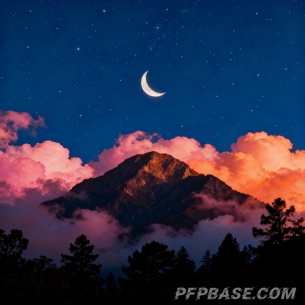 Image 6: dreamy night sky, tranquil night, crescent moon hanging high, scattered stars, pink and orange cloud
