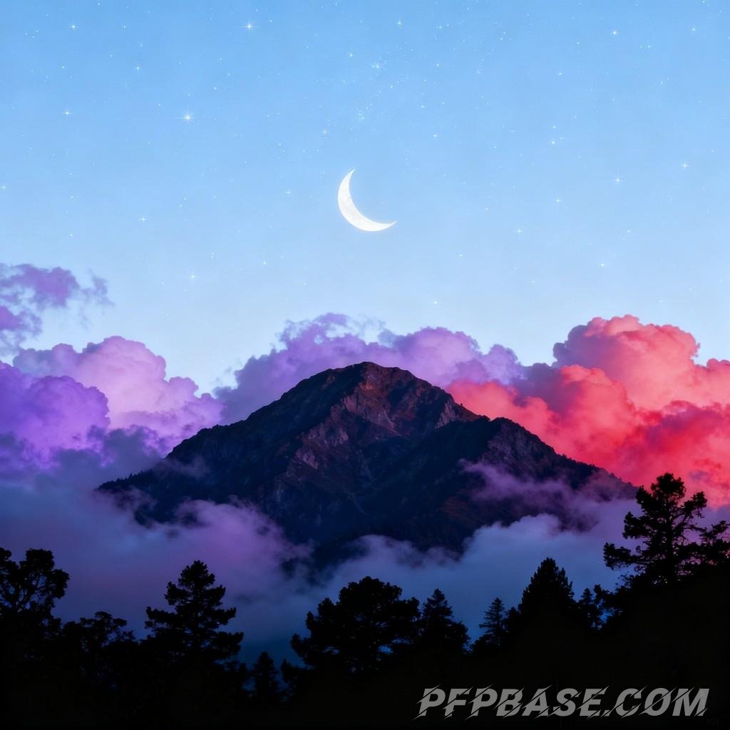 Image 8: dreamy night sky, tranquil night, crescent moon hanging high, scattered stars, pink and orange cloud