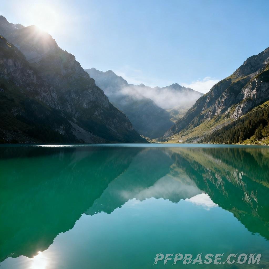 Image 4: serenity, towering mountain, lake, clear blue sky, lush greenery