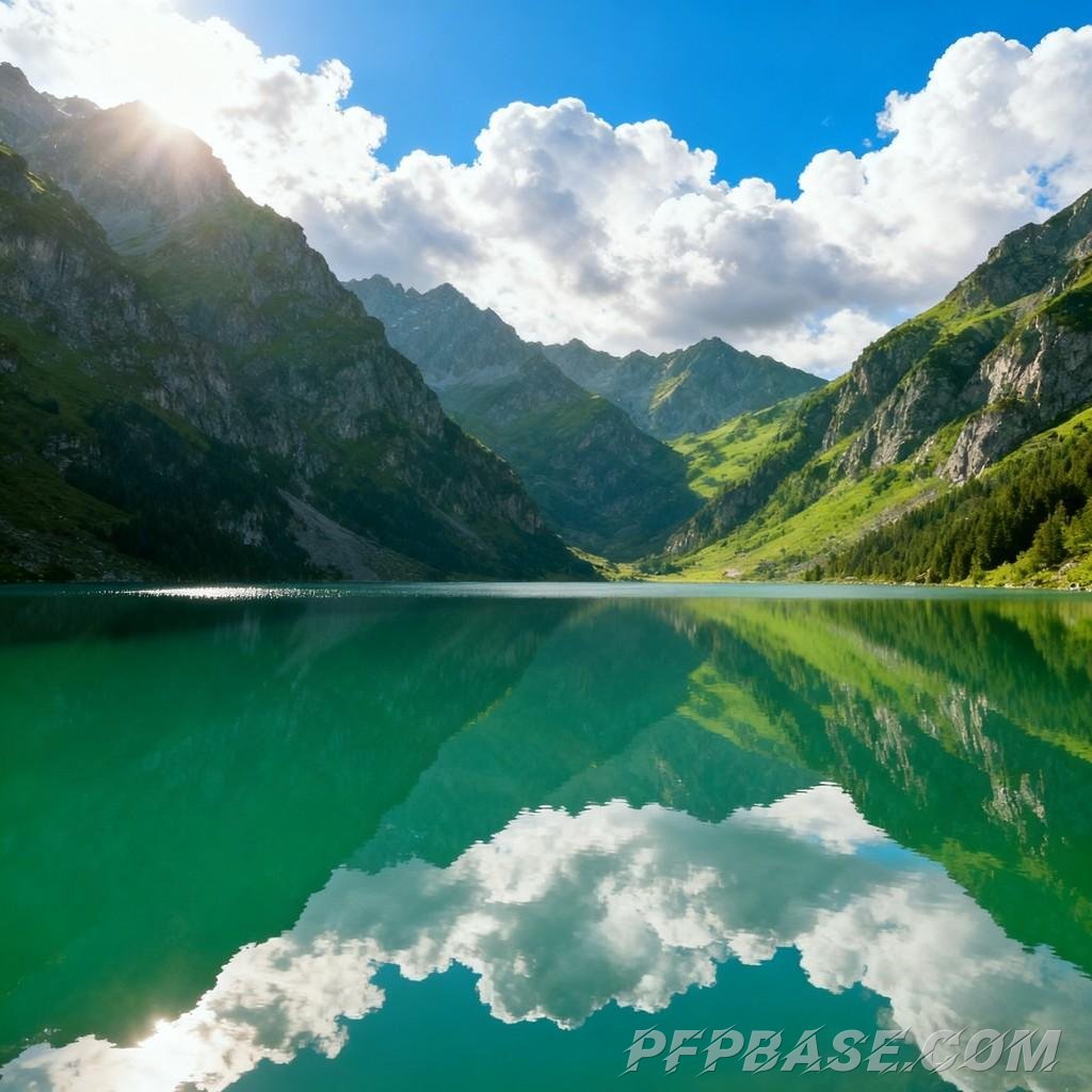 Image 5: serenity, towering mountain, lake, clear blue sky, lush greenery