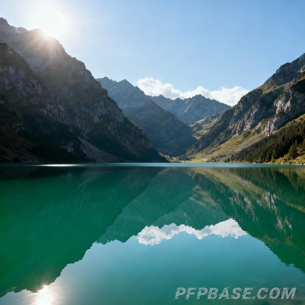 Image 6: serenity, towering mountain, lake, clear blue sky, lush greenery