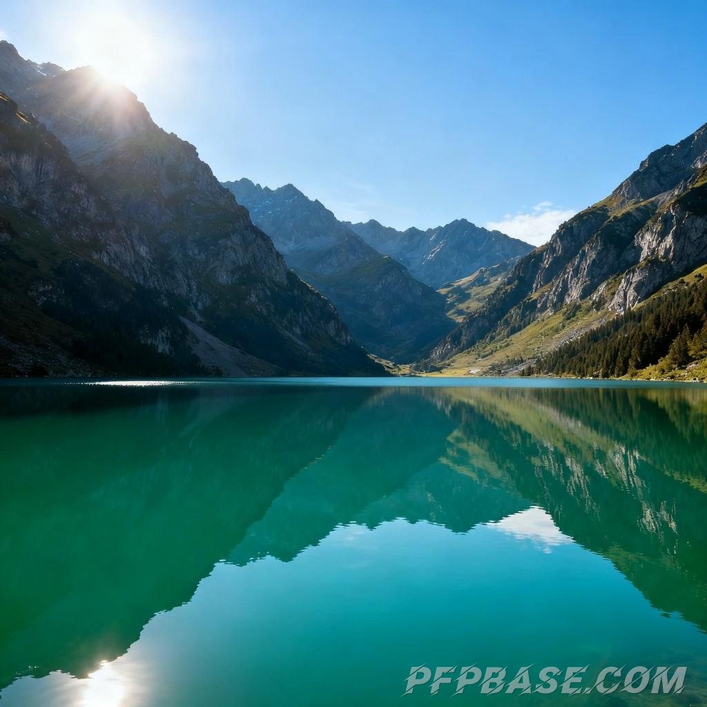 Image 7: serenity, towering mountain, lake, clear blue sky, lush greenery