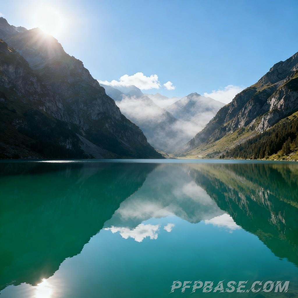 Image 8: serenity, towering mountain, lake, clear blue sky, lush greenery