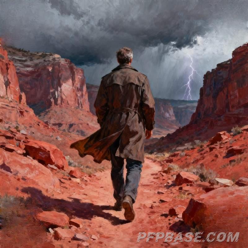 Image 5: mature man, cliff at dusk, Nordic pine forest, urban subway, red rock canyon, lakeside bench