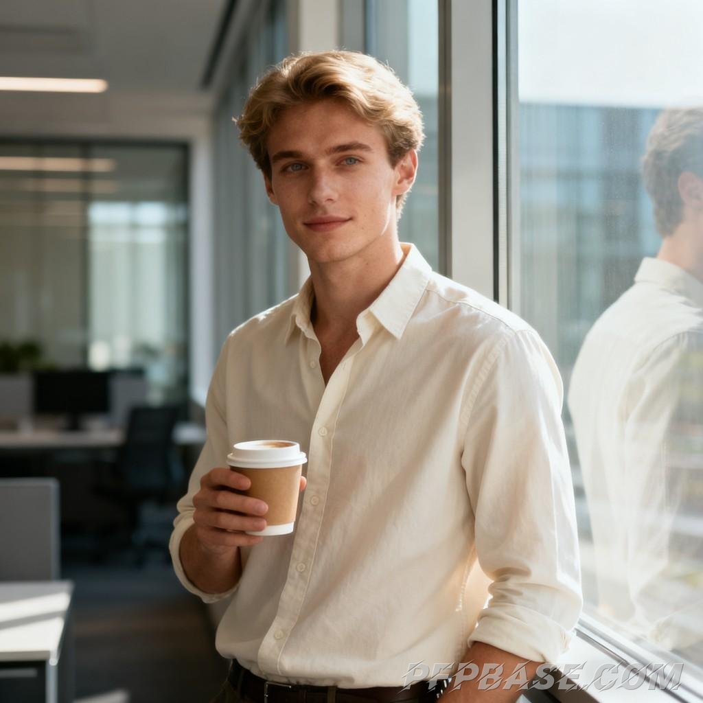 Image 3: modern metropolis, young man, quiet melancholy, stylish look, play of light and shadow
