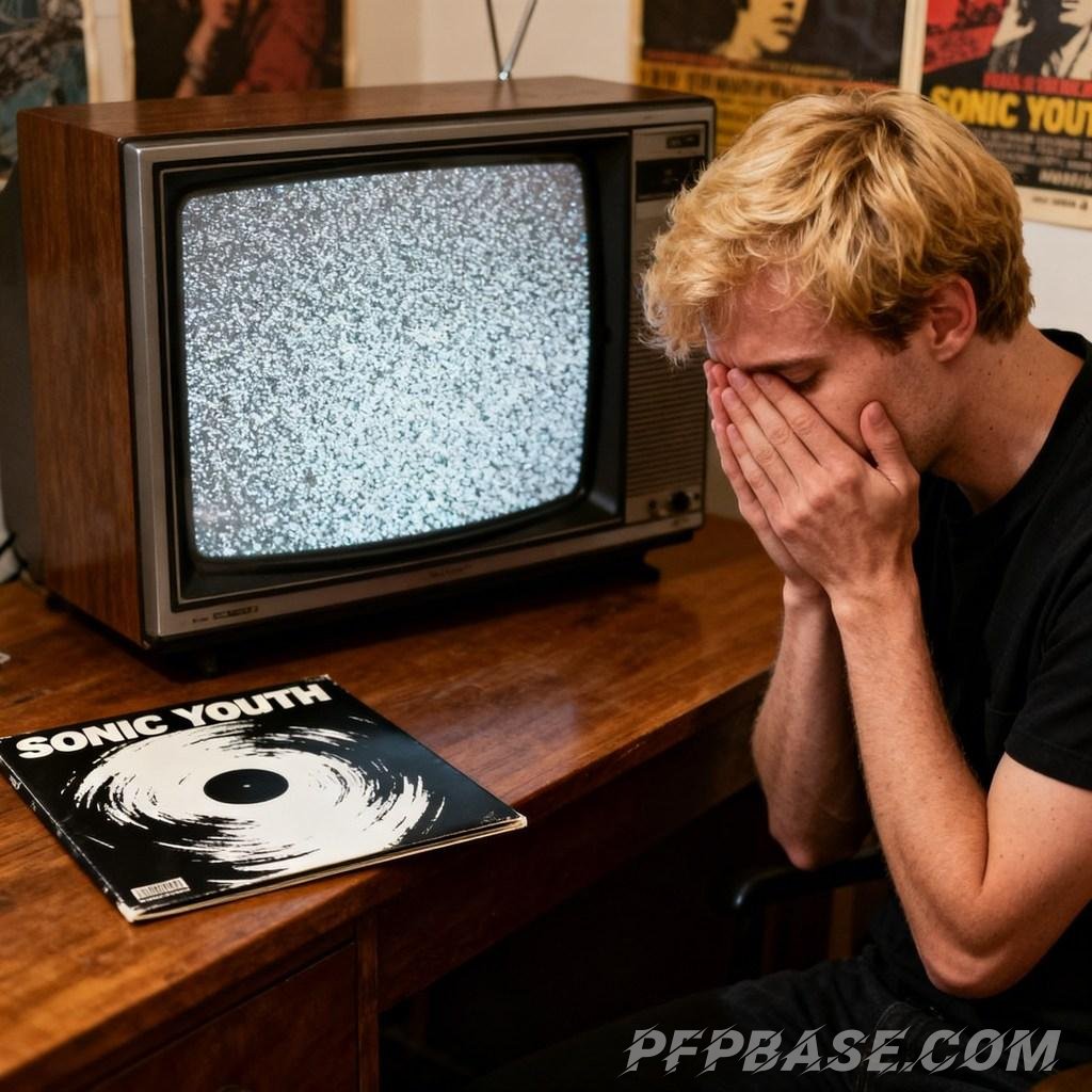 Image 5: blond man on pile of books, white youth holding teddy bear, melancholic man in front of TV, sunny hu