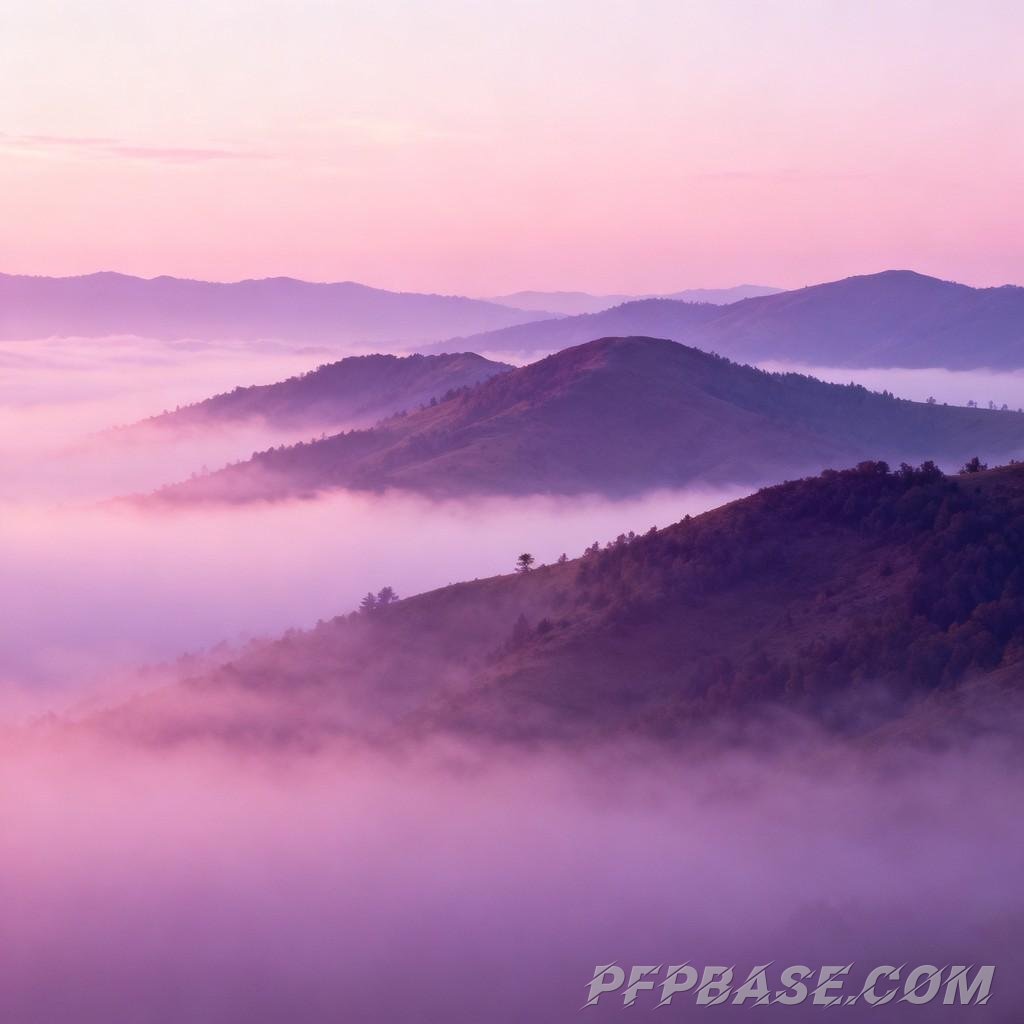 Image 2: dreamlike, pastel purple, mountain range, morning scene, fairyland