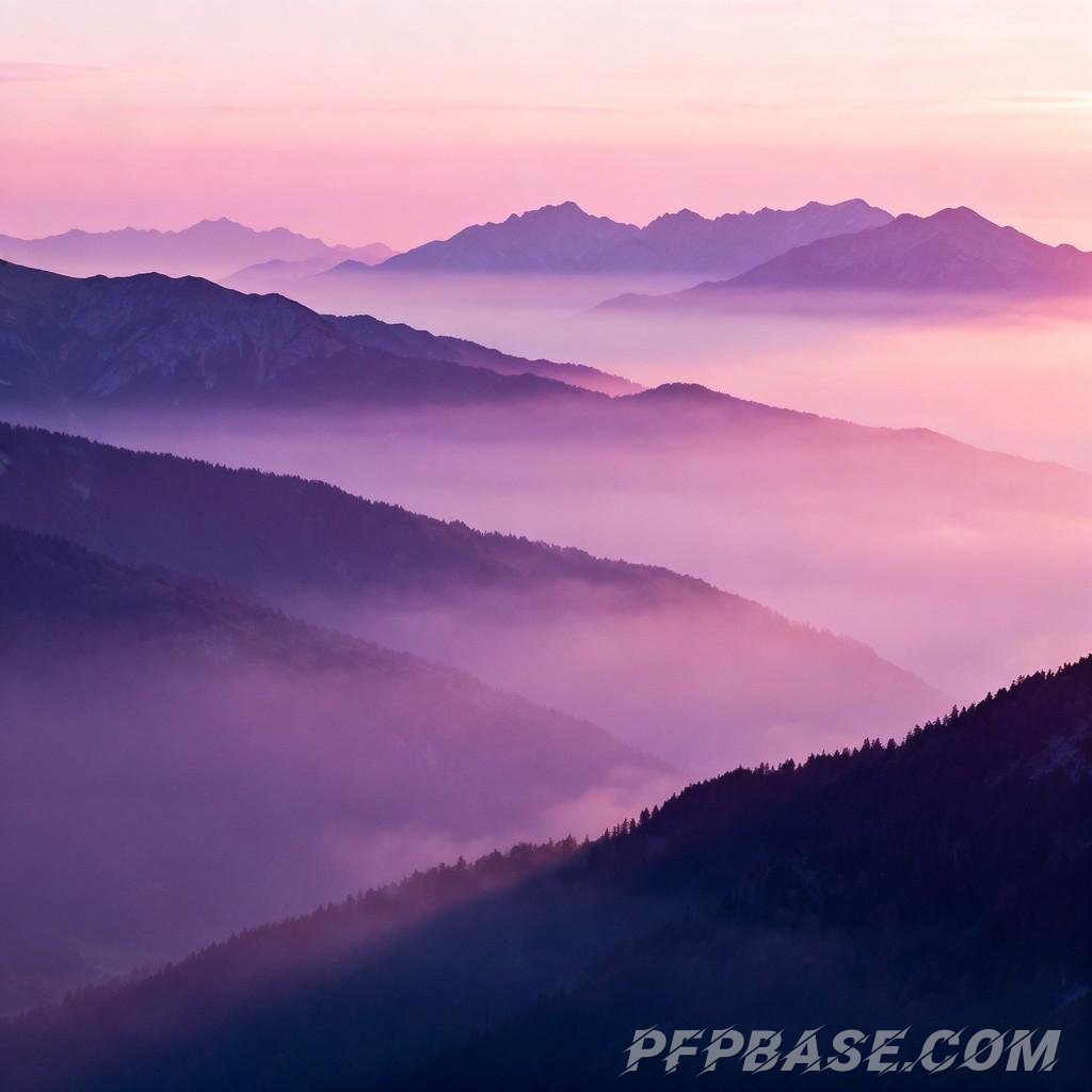 Image 3: dreamlike, pastel purple, mountain range, morning scene, fairyland