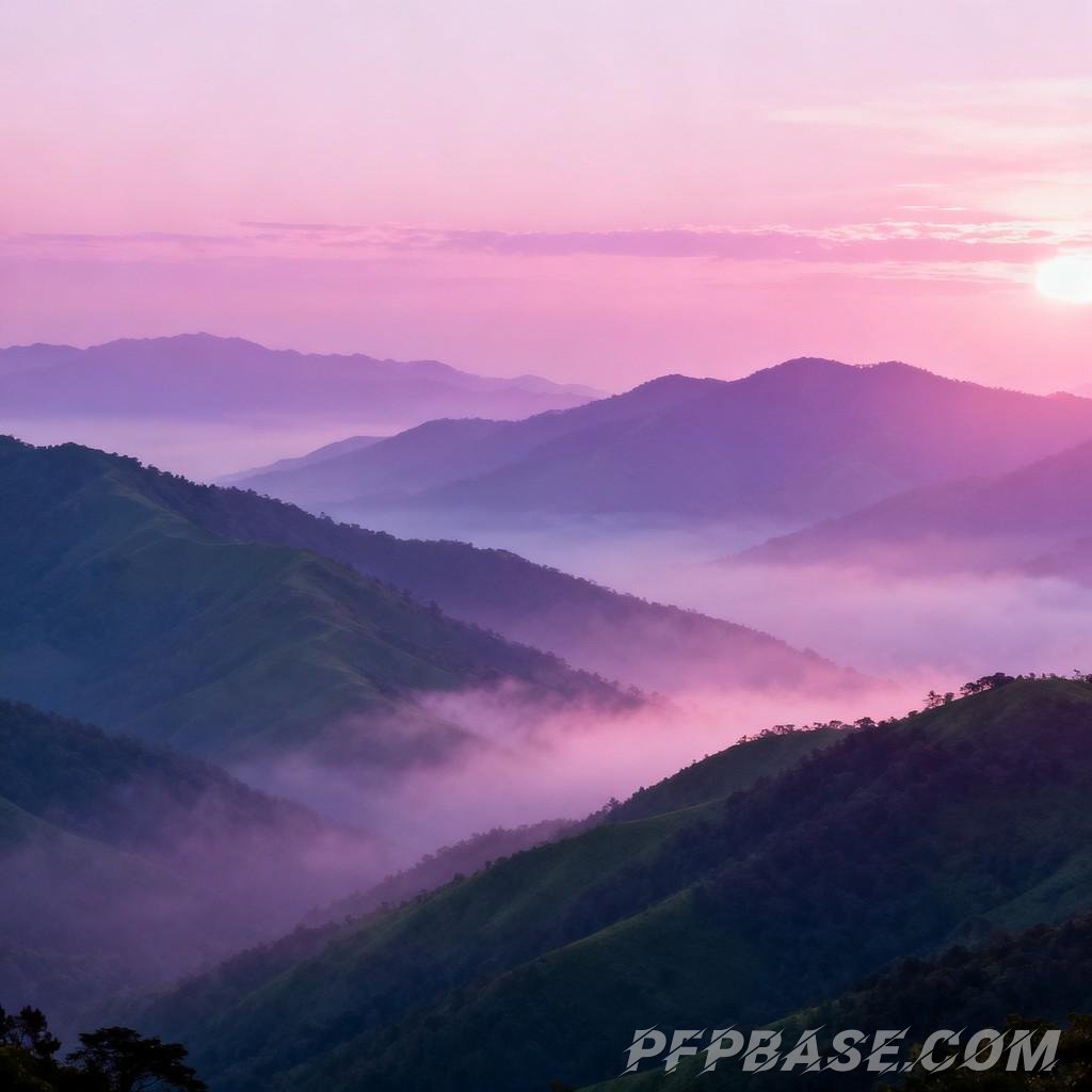 Image 4: dreamlike, pastel purple, mountain range, morning scene, fairyland