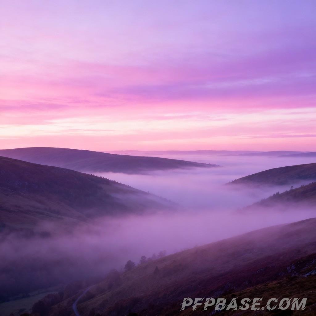 Image 5: dreamlike, pastel purple, mountain range, morning scene, fairyland