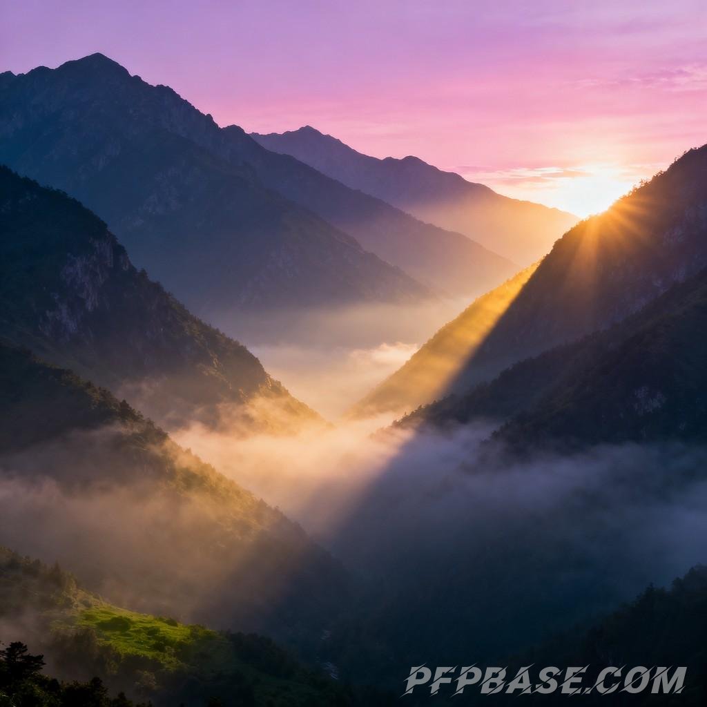 Image 6: dreamlike, pastel purple, mountain range, morning scene, fairyland