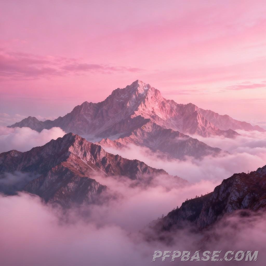 Image 7: dreamlike, pastel purple, mountain range, morning scene, fairyland