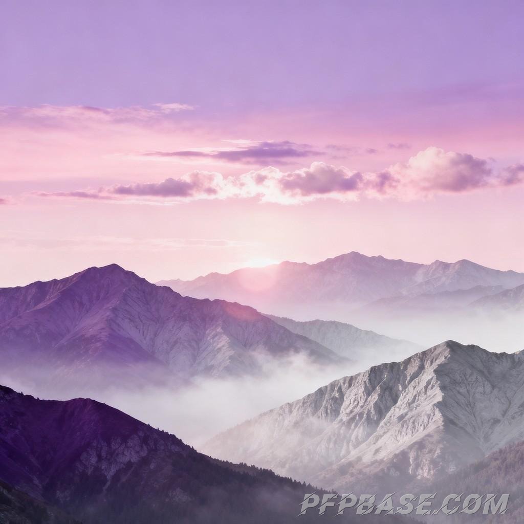 Image 8: dreamlike, pastel purple, mountain range, morning scene, fairyland